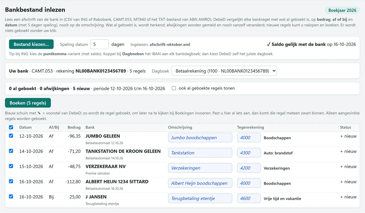 Het scherm Bankbestand inlezen met vijf nieuwe bankregels. Bij elke regel staan een voorgestelde omschrijving en tegenrekening in blauw, en bovenaan de melding dat het saldo gelijk is met de bank.