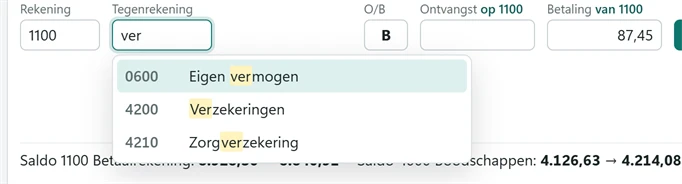 Het vakje Tegenrekening waarin ver is getypt. De keuzelijst toont Eigen vermogen, Verzekeringen en Zorgverzekering.